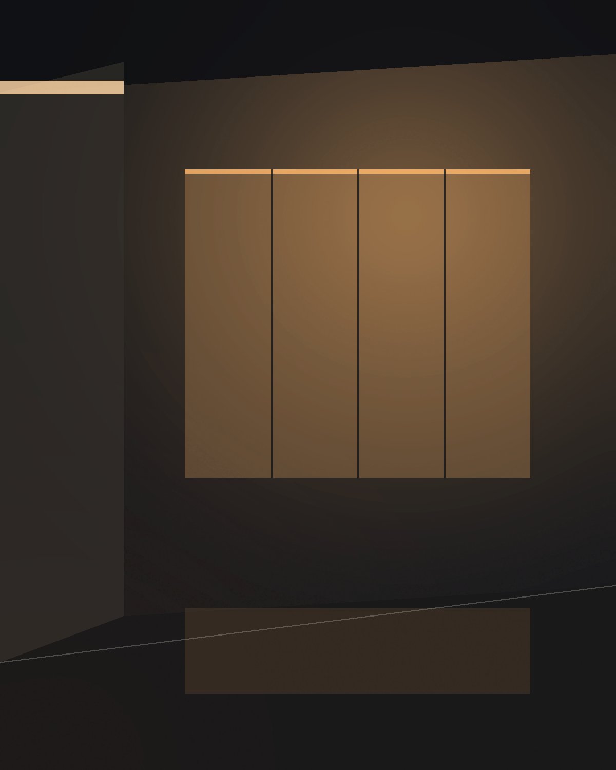 Dusk interior of a riverside penthouse, warm cove lighting grazing the wall